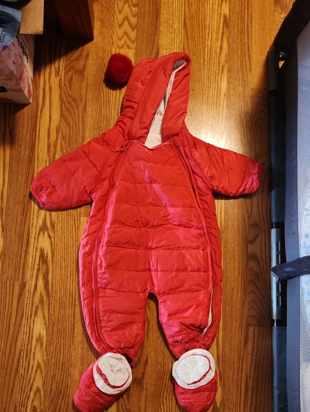 Infant Red Puffer Snowsuit with Hood and Pom